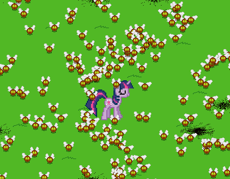 Size: 450x350 | Tagged: safe, artist:infinitydash, derpibooru import, twilight sparkle, parasprite, pony, unicorn, season 1, swarm of the century, ash, eyes closed, female, game, grass, horn, image, mare, png, this will end in death, this will end in tears, this will end in tears and/or death, this will not end well, unicorn twilight