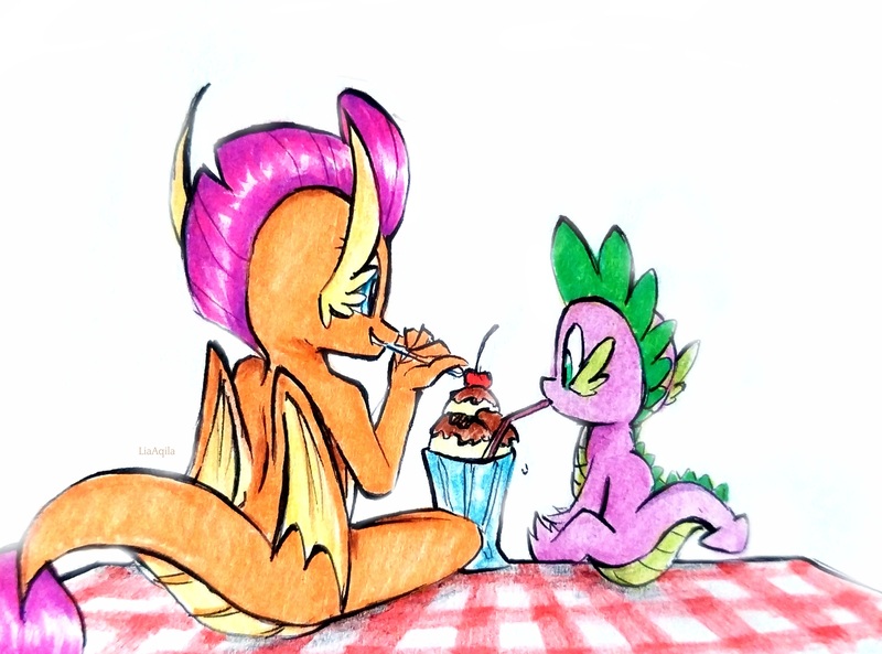 Size: 4045x2997 | Tagged: safe, artist:liaaqila, derpibooru import, smolder, spike, dragon, cherry, food, ice cream, image, jpeg, simple background, straw, sundae, traditional art, white background