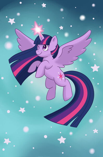 Size: 842x1280 | Tagged: safe, artist:lixa, derpibooru import, twilight sparkle, twilight sparkle (alicorn), alicorn, pony, female, flying, glow, glowing horn, horn, image, jpeg, magic, mare, one eye closed, smiling, solo, spread wings, starry background, wings, wink