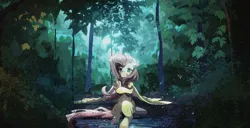 Size: 2802x1437 | Tagged: safe, artist:lendftcn, derpibooru import, fluttershy, pegasus, pony, female, forest, image, mare, png, sitting, solo, tree