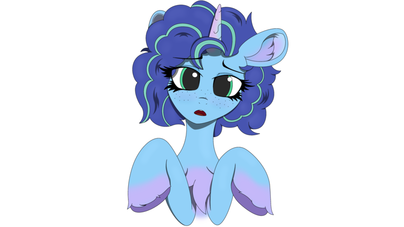 Size: 3840x2160 | Tagged: safe, artist:straighttothepointstudio, derpibooru import, pony, unicorn, g5, my little pony: make your mark, chest fluff, curly hair, curly mane, digital art, ear fluff, female, freckles, image, looking at you, mare, misty brightdawn, open mouth, png, simple background, solo, transparent background, unshorn fetlocks