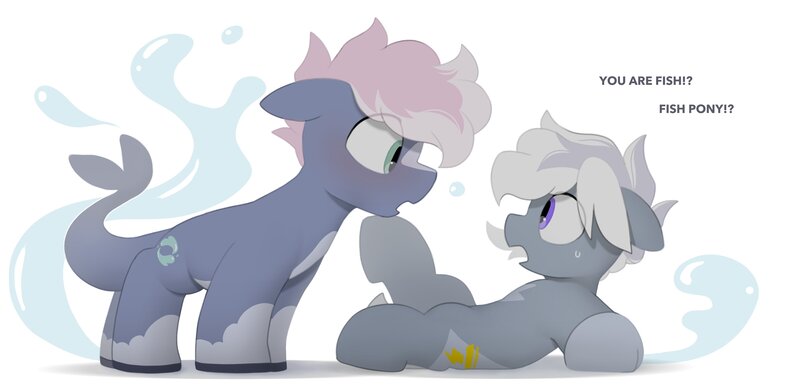 Size: 4096x1982 | Tagged: safe, artist:mochi_nation, derpibooru import, oc, oc:silver bolt, oc:water socks, unofficial characters only, earth pony, pony, blushing, coat markings, dialogue, duo, female, image, jpeg, looking at each other, looking at someone, lying down, male, mare, on back, simple background, stallion, super powers, water, white background