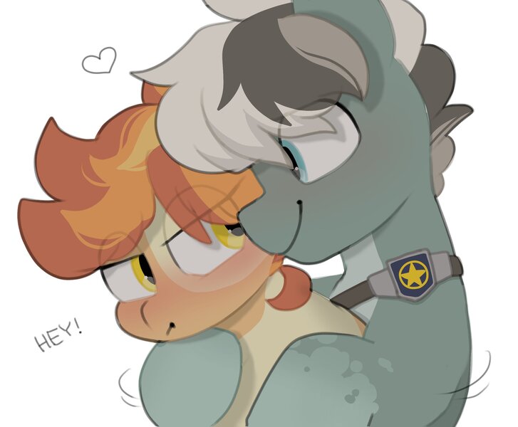 Size: 2605x2150 | Tagged: safe, artist:mochi_nation, derpibooru import, oc, oc:flame egg, oc:tarquoise, unofficial characters only, earth pony, pony, badge, blushing, coat markings, eye clipping through hair, female, heart, hug, hug from behind, image, jpeg, looking at each other, looking at someone, male, mare, simple background, smiling, stallion, straight, tsundere, white background