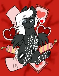 Size: 425x550 | Tagged: suggestive, artist:luna_mcboss, derpibooru import, oc, oc:double stuff, pegasus, pony, bed, bedroom eyes, body pillow, cookie, cute, female, food, glasses, heart, heart hoof, heart pillow, hearts and hooves day, holiday, image, imminent sex, jpeg, laying on bed, looking at you, lying down, mare, mottled coat, on back, on bed, oreo, pillow, round glasses, solo, solo female, spots, spread wings, uwu, valentine's day, wings
