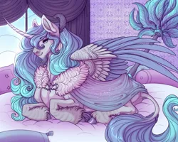Size: 1280x1024 | Tagged: safe, artist:snowberry, derpibooru import, oc, oc:prince plushy soft, unofficial characters only, alicorn, pony, bedroom, curved horn, cute, feather, fluffy, horn, image, jpeg, leonine tail, lidded eyes, lying, pillow, ponyloaf, pretty, prince, prone, smiling, solo, sparkles, tail, unshorn fetlocks, wings
