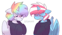 Size: 1300x750 | Tagged: safe, artist:puppie, derpibooru import, oc, oc:esoteric, oc:sora kite, unofficial characters only, alicorn, dracony, dragon, hybrid, pony, blushing, clothes, grin, high, hoodie, image, lidded eyes, png, silly, simple background, smiling, stoned