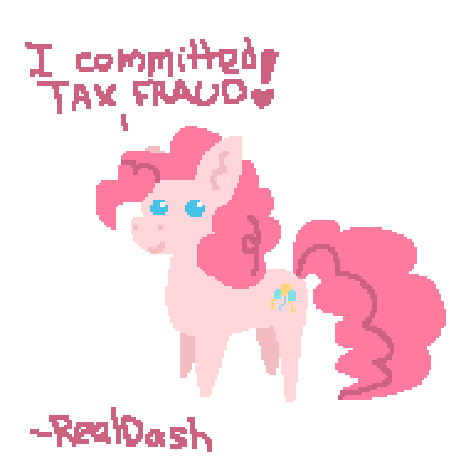 Size: 466x464 | Tagged: safe, artist:realdash, derpibooru import, pinkie pie, earth pony, pony, /pnk/, 1000 hours in ms paint, aggie.io, crime, ear fluff, ears, exclamation point, female, full body, heart, image, lowres, mare, png, simple background, smiling, solo, speech bubble, standing, talking, tax fraud, white background