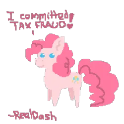 Size: 466x464 | Tagged: safe, artist:realdash, derpibooru import, pinkie pie, earth pony, pony, /pnk/, 1000 hours in ms paint, aggie.io, crime, ear fluff, ears, exclamation point, female, full body, heart, image, lowres, mare, png, simple background, smiling, solo, speech bubble, standing, talking, tax fraud, white background