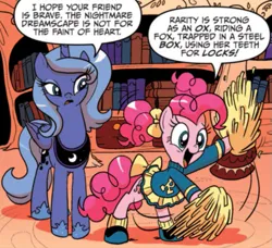 Size: 629x574 | Tagged: safe, derpibooru import, idw, official, pinkie pie, princess luna, spoiler:comic, spoiler:comic05, cheerleader, cheerleader outfit, clothes, comic, image, pigtails, png