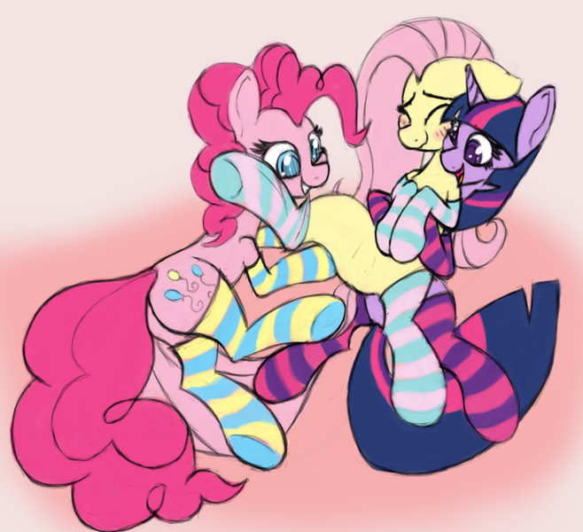 Size: 1038x947 | Tagged: safe, artist:nuxersopus, derpibooru import, fluttershy, pinkie pie, twilight sparkle, pony, blushing, clothes, image, png, socks, striped socks