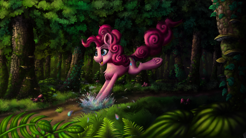 Size: 1920x1080 | Tagged: safe, artist:nuxersopus, derpibooru import, pinkie pie, pony, forest, image, png, solo, tree