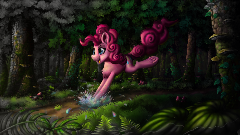 Size: 1920x1080 | Tagged: safe, artist:nuxersopus, derpibooru import, pinkie pie, pony, forest, image, png, solo, tree