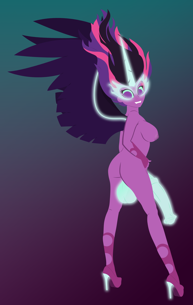 Size: 4513x7100 | Tagged: explicit, alternate version, artist:egor418, derpibooru import, sci-twi, twilight sparkle, human, equestria girls, absurd resolution, ass, blue background, breasts, busty sci-twi, busty twilight sparkle, butt, clothes, derpibooru exclusive, dildo, female, futa, futa midnight sparkle, gradient background, high heels, horn, horsecock, image, intersex, lineless, looking back, magic, magic penis, midnight sparkle, minimalist, modern art, nipples, no pupils, nudity, penis, png, purple background, shoes, simple background, smiling, solo, solo female, spread wings, wings