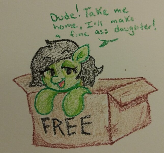 Size: 2048x1906 | Tagged: safe, artist:pony quarantine, ponybooru import, oc, oc:anonfilly, unofficial characters only, earth pony, pony, box, dialogue, female, filly, foal, image, jpeg, solo, talking to viewer, traditional art