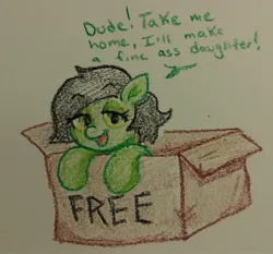 Size: 2048x1906 | Tagged: safe, artist:pony quarantine, ponybooru import, oc, oc:anonfilly, unofficial characters only, earth pony, pony, box, dialogue, female, filly, foal, image, jpeg, solo, talking to viewer, traditional art