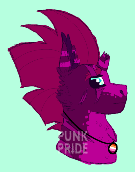 Size: 1100x1400 | Tagged: safe, artist:punkpride, tempest shadow, pony, unicorn, alternate design, broken horn, bust, facial markings, female, green background, headcanon, horn, image, jewelry, lesbian pride flag, mare, mohawk, mouthpiece, necklace, png, portrait, pride, pride flag, profile, scar, sexuality headcanon, simple background, solo, twitterina design