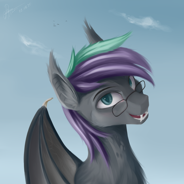 Size: 3000x3000 | Tagged: safe, artist:raminy, derpibooru import, oc, oc:grandpri, unofficial characters only, bat pony, pony, bat pony oc, bat wings, bust, cloud, fangs, glasses, image, male, png, portrait, sky, solo, wings