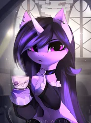 Size: 2865x3864 | Tagged: safe, artist:magnaluna, derpibooru import, izzy moonbow, pony, unicorn, clothes, collar, cup, g5, goth, goth izzy, image, jpeg, socks, stockings, thigh highs