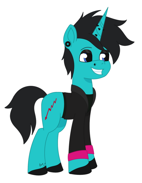 Size: 1179x1516 | Tagged: safe, artist:dyonys, derpibooru import, oc, unofficial characters only, pony, unicorn, my little pony: tell your tale, as it is, clothes, ear piercing, eyeshadow, g5, hoodie, horn, horn piercing, image, makeup, male, patty walters, piercing, png, simple background, smiling, solo, stallion, tattoo, transparent background