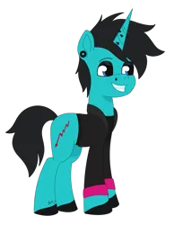 Size: 1179x1516 | Tagged: safe, artist:dyonys, derpibooru import, oc, unofficial characters only, pony, unicorn, my little pony: tell your tale, as it is, clothes, ear piercing, eyeshadow, g5, hoodie, horn, horn piercing, image, makeup, male, patty walters, piercing, png, simple background, smiling, solo, stallion, tattoo, transparent background