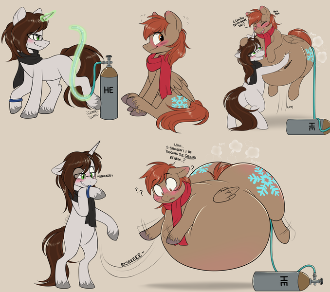 Size: 3236x2864 | Tagged: questionable, artist:montsundere, artist:tai kai, derpibooru import, oc, oc:tai, oc:winterlight, unofficial characters only, pegasus, pony, unicorn, belly, big belly, blushing, butt, carrying, clothes, dialogue, floating, giggling, glow, glowing horn, helium inflation, helium tank, horn, huge belly, huge butt, image, inflation, large butt, male, males only, png, scarf, sequence, snickering, stallion, standing, standing on two hooves, teasing