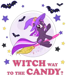 Size: 2280x2637 | Tagged: safe, artist:lillyleaf101, derpibooru import, oc, oc:nebula gloom, unofficial characters only, bat, pony, unicorn, broom, female, flying, flying broomstick, hat, image, mare, png, simple background, solo, transparent background, witch hat