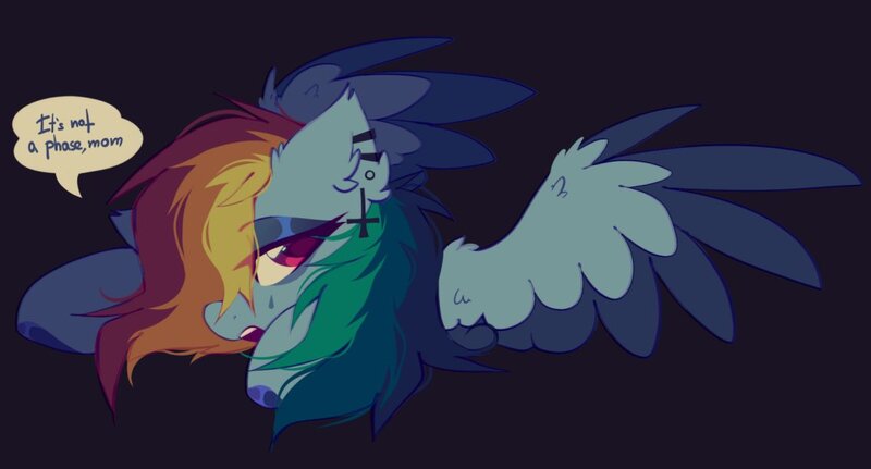 Size: 1078x581 | Tagged: safe, artist:mirtash, derpibooru import, rainbow dash, pegasus, pony, bust, dark background, ear fluff, ear piercing, eye clipping through hair, female, goth, image, jpeg, looking at you, mare, open mouth, piercing, profile, simple background, solo, speech bubble, spread wings, upside-down crucifix, wings