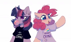 Size: 1150x691 | Tagged: safe, artist:mirtash, derpibooru import, pinkie pie, twilight sparkle, earth pony, pony, semi-anthro, bubblegum, bust, clothes, duo, duo female, ear piercing, eye clipping through hair, eyebrows, eyebrows visible through hair, female, food, gum, heart, horn, image, jpeg, mare, open mouth, open smile, peace symbol, piercing, shirt, simple background, smi, smiling, white background