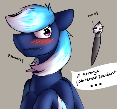 Size: 500x464 | Tagged: suggestive, artist:noxy, derpibooru import, oc, oc:noxy, pegasus, blushing, dialogue, image, male, paintbrush, painting, pegasus oc, png, smiling, smirk, solo, text, two toned mane, wings