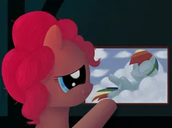 Size: 2225x1663 | Tagged: safe, artist:aklimovich, derpibooru import, pinkie pie, rainbow dash, pony, fanfic:the party hasn't ended, cloud, crying, fanfic art, female, image, jpeg, lesbian, on a cloud, picture, pinkiedash, shipping