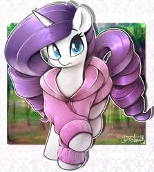 Size: 1220x1368 | Tagged: safe, artist:llametsul, derpibooru import, rarity, pony, unicorn, alternate hairstyle, atg 2022, blurry background, clothes, colored, cute, female, hoodie, image, looking at you, mare, newbie artist training grounds, png, signature, solo