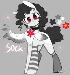Size: 1187x1262 | Tagged: safe, artist:frigidmare, artist:torridline, derpibooru import, oc, oc:sock, pegasus, pony, best pony, big pony, bipedal, black and white, chest fluff, choker, clothes, curly hair, drawing, ears up, female, flower, fluffy, fluffy mane, fluffy tail, grayscale, head tilt, image, looking at you, mare, monochrome, png, red eyes, reference sheet, sketch, small wings, socks, solo, striped socks, tail, tall, tall pony, tired, wings