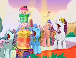 Size: 633x480 | Tagged: safe, derpibooru import, screencap, minty, pinkie pie (g3), rainbow dash (g3), sunny daze (g3), earth pony, pony, a charming birthday, birthday cake, cake, faic, female, food, g3, hoers, image, mare, png