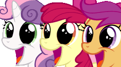 Size: 1620x900 | Tagged: safe, artist:iks83, derpibooru import, apple bloom, scootaloo, sweetie belle, earth pony, pegasus, pony, unicorn, hearts and hooves day (episode), 2012, animated, cutie mark crusaders, eye shimmer, female, filly, foal, gif, image, open mouth, simple background, transparent background