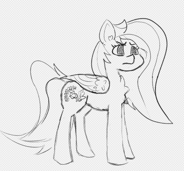 Size: 842x782 | Tagged: safe, artist:floof hoof, derpibooru import, oc, oc:flugel, pegasus, pony, chest fluff, female, furrowed brow, image, mare, monochrome, png, sketch, solo, solo female