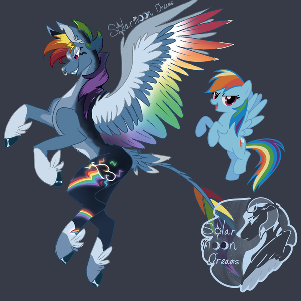 Size: 2000x2000 | Tagged: safe, artist:solarmoondreams, rainbow dash, pegasus, pony, coat markings, colored hooves, colored wings, feathered fetlocks, female, gradient wings, gray background, image, leonine tail, mare, multicolored wings, nose piercing, nose ring, piercing, png, rainbow wings, redesign, sharp teeth, simple background, solo, tail feathers, teeth, twitterina design, wings