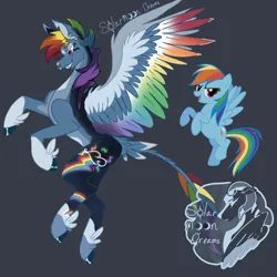Size: 2000x2000 | Tagged: safe, artist:solarmoondreams, rainbow dash, pegasus, pony, coat markings, colored hooves, colored wings, feathered fetlocks, female, gradient wings, gray background, image, leonine tail, mare, multicolored wings, nose piercing, nose ring, piercing, png, rainbow wings, redesign, sharp teeth, simple background, solo, tail feathers, teeth, twitterina design, wings
