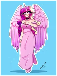 Size: 1800x2400 | Tagged: safe, artist:ashes-arts, artist:mylittleyuri, derpibooru import, princess cadance, human, alicorn humanization, blue background, blushing, choker, clothes, cute, cutedance, dress, elf ears, female, flats, horn, horned humanization, humanized, image, png, shoes, simple background, solo, winged humanization, wings