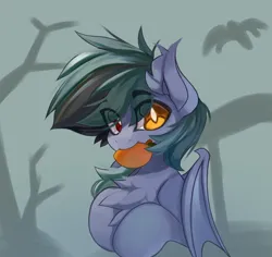 Size: 3622x3421 | Tagged: safe, artist:jfrxd, derpibooru import, oc, oc:scrimmy, unofficial characters only, bat pony, pony, bat pony oc, bat wings, chest fluff, complex background, ear fluff, folded wings, food, heterochromia, hooves to the chest, hooves together, image, looking at you, male, mango, mangoes, png, pony oc, solo, solo male, wings