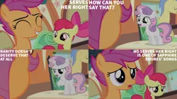 Size: 4400x2475 | Tagged: safe, derpibooru import, edit, edited screencap, editor:quoterific, screencap, apple bloom, scootaloo, sweetie belle, earth pony, pegasus, pony, unicorn, for whom the sweetie belle toils, cutie mark crusaders, female, filly, foal, image, png