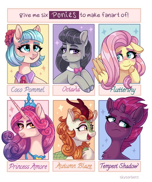 Size: 1715x2048 | Tagged: safe, artist:skysorbett_art, derpibooru import, autumn blaze, coco pommel, fluttershy, octavia melody, princess amore, tempest shadow, earth pony, kirin, pegasus, pony, unicorn, six fanarts, awwtumn blaze, blushing, bowtie, broken horn, cocobetes, crown, cute, horn, image, jewelry, jpeg, open mouth, regalia, shyabetes, tavibetes, tempestbetes, unshorn fetlocks