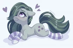 Size: 2021x1354 | Tagged: safe, alternate version, artist:skysorbett_art, derpibooru import, marble pie, earth pony, pony, blushing, clothes, cute, female, hair over one eye, heart, image, jpeg, lying down, marblebetes, mare, prone, simple background, socks, solo, striped socks, white background