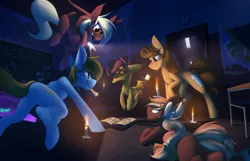 Size: 2000x1289 | Tagged: safe, artist:noxy, derpibooru import, flash sentry, scootaloo, twilight sparkle, oc, oc:dimi, oc:middy, oc:picture perfect, oc:rara, bird, chicken, ghost, undead, camera, candle, female, flashlight, flying, haunted, image, male, phasmophobia, png, school, shipping, spooky, straight