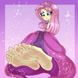 Size: 1280x1280 | Tagged: suggestive, artist:virtualfairy, derpibooru import, fluttershy, human, equestria girls, barefoot, clothes, costume conundrum: rarity, dress, feet, female, fetish, foot fetish, humanized, image, jpeg, soles, solo, toes