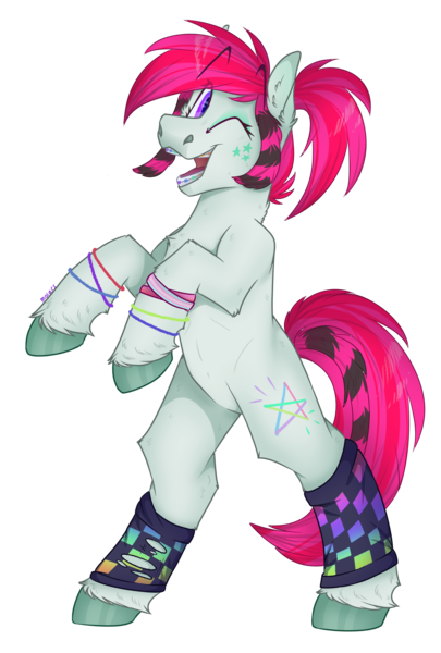 Size: 1350x2000 | Tagged: safe, artist:molars, derpibooru import, oc, oc:rave anthemz, unofficial characters only, earth pony, pony, bipedal, braces, clothes, coontails, full body, image, leg warmers, neon, one eye closed, open mouth, pink mane, png, ponytail, pride flag, rearing, scene, simple background, smiling, solo, standing on two hooves, striped mane, transparent background, unshorn fetlocks, wink