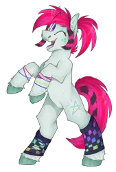 Size: 1350x2000 | Tagged: safe, artist:molars, derpibooru import, oc, oc:rave anthemz, unofficial characters only, earth pony, pony, bipedal, braces, clothes, coontails, full body, image, leg warmers, neon, one eye closed, open mouth, pink mane, png, ponytail, pride flag, rearing, scene, simple background, smiling, solo, standing on two hooves, striped mane, transparent background, unshorn fetlocks, wink