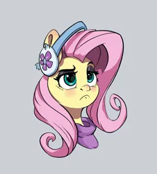 Size: 1914x2118 | Tagged: safe, artist:i love hurt, derpibooru import, fluttershy, pegasus, pony, bust, female, g4, headphones, image, mare, pink hair, png, portrait, sad, simple background, simple shading, solo, solo female