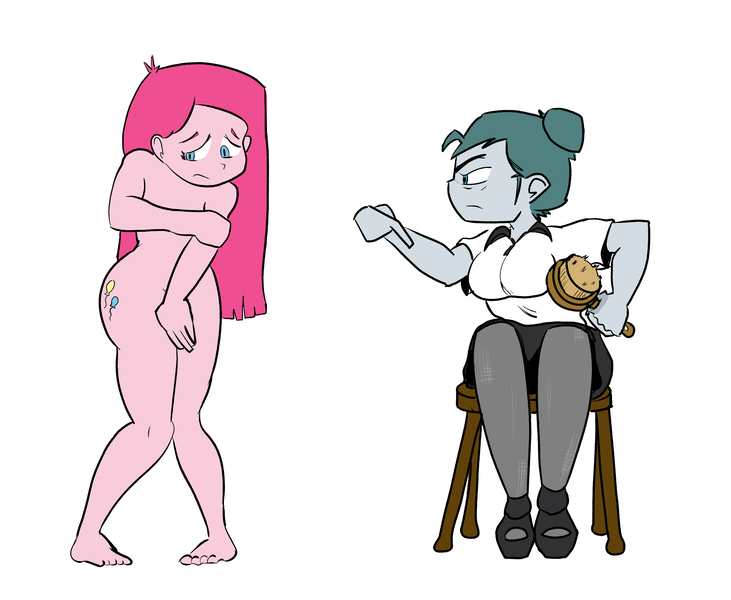 Size: 2223x1825 | Tagged: suggestive, derpibooru import, cloudy quartz, pinkie pie, human, /mlp/, 4chan, brush, covering, covering breasts, covering crotch, cutie mark, cutie mark on human, discipline, duo, hairbrush, humanized, image, imminent spanking, jpeg, looking away, nervous, nudity, pinkamena diane pie, punishment, simple background, stern, stool, white background