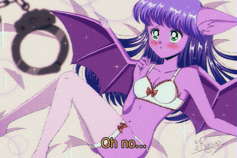 Size: 900x600 | Tagged: artist needed, suggestive, artist:kusya, derpibooru import, oc, oc:midnight reverie, anthro, bat pony, human, 90s anime, anime, bat pony oc, bat wings, clothes, cuffs, fake screencap, humanized, image, png, socks, solo, stockings, thigh highs, wings