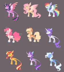 Size: 1280x1438 | Tagged: safe, artist:wanderingpegasus, derpibooru import, applejack, fluttershy, pinkie pie, rainbow dash, rarity, starlight glimmer, sunset shimmer, trixie, twilight sparkle, twilight sparkle (alicorn), alicorn, classical unicorn, earth pony, pegasus, pony, unicorn, alternate design, alternate hairstyle, applejack's hat, bald face, black background, blaze (coat marking), body freckles, brown background, chest fluff, cloven hooves, coat markings, colored eartips, colored eyelashes, colored hooves, colored pinnae, colored wings, cowboy hat, curved horn, facial markings, feathered ears, feathered fetlocks, female, freckles, gradient wings, hat, heart mark, horn, ibispaint x, image, jpeg, leonine tail, mane six, mare, markings, multicolored wings, pale belly, rainbow wings, redesign, side view, simple background, snip (coat marking), socks (coat marking), star (coat marking), straight horn, tail, twitterina design, unshorn fetlocks, wings